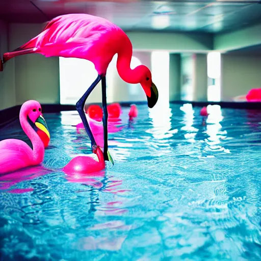 Image similar to dark poolroom liminal space with pink flamingo floaties, liminal photography, bad lighting,