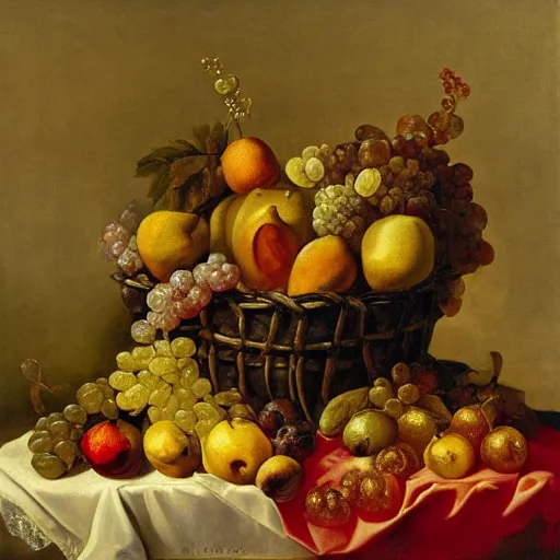 Prompt: a painting of a basket of fruit on a table, a still life by jan davidsz. de heem, deviantart, rococo, dutch golden age, rococo, oil on canvas