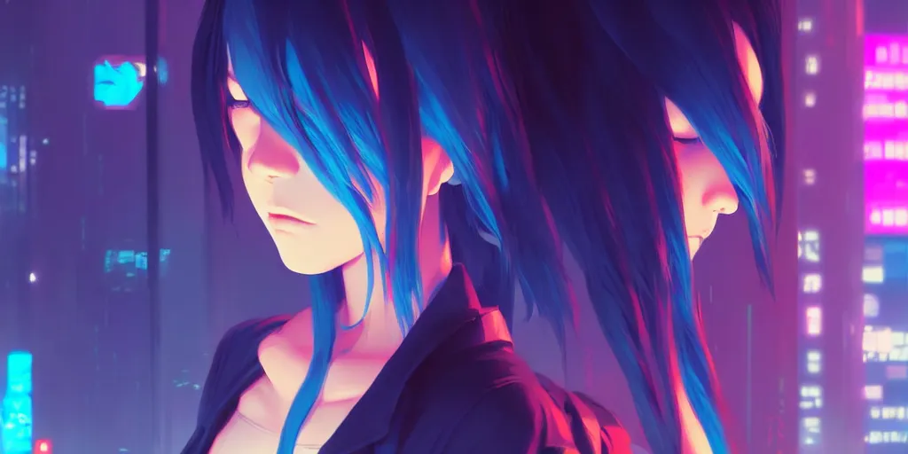 Prompt: digital illustration closeup of cyberpunk pretty girl with blue hair in city street at night by makoto shinkai, ilya kuvshinov, lois van baarle, rossdraws, basquiat