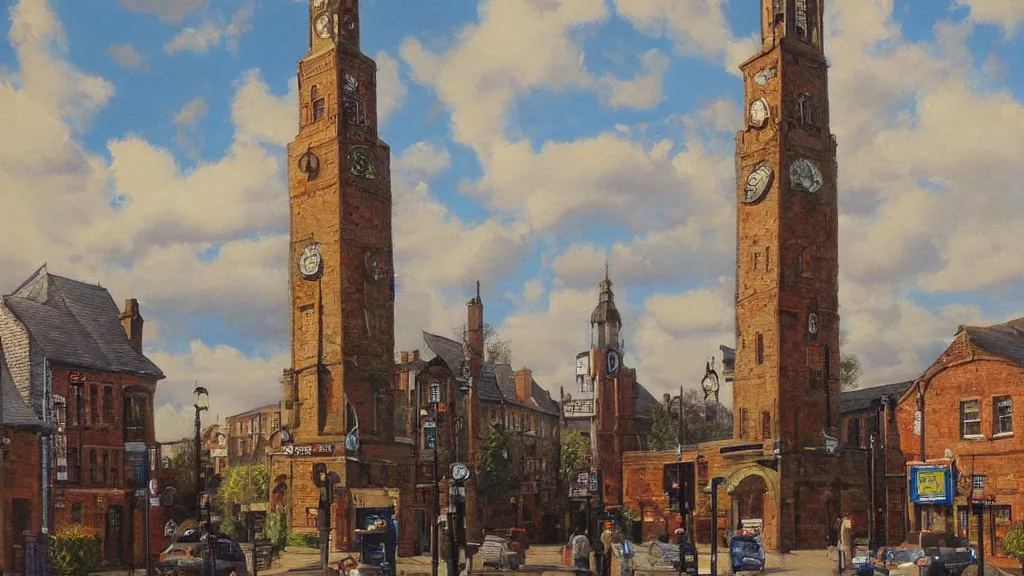 Prompt: Royton clock tower in Oldham, highly detailed oil painting, epic fantasy art, abstraction, masterpeice, 8k