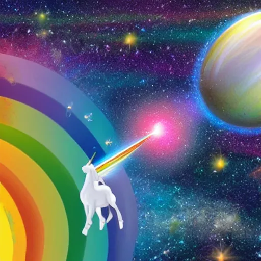 Prompt: a unicorn hatching out of an egg in outer space with rainbow nebula