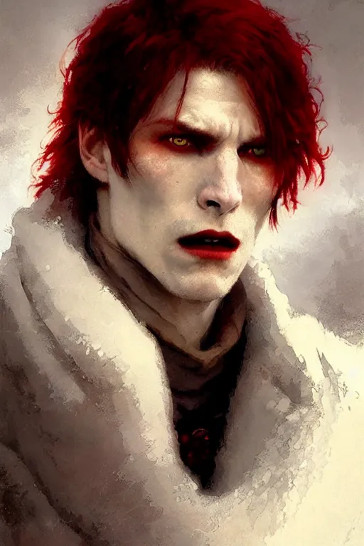 Image similar to vampire with red eyes and red hair in a white woolen turtleneck portrait dnd, painting by gaston bussiere, craig mullins, greg rutkowski, yoji shinkawa