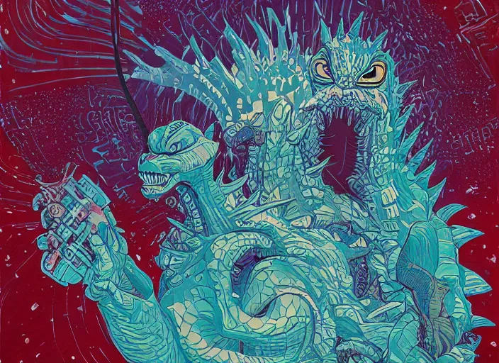 Prompt: godzilla posing for a school picture, religious painting, tristan eaton, victo ngai, artgerm, rhads, ross draws