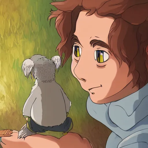 Image similar to friendly guy with small creature in the studio ghibli movie art smooth 8k highly detailed, detailed face, beautiful scene, ghibli, energetic, high quality, digital art, favourite