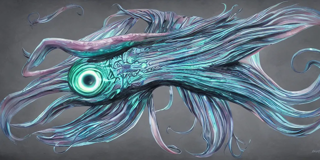 Image similar to squid, stylized layered shapes, long flowing fins, bioluminescent orbs, diffuse lighting, glowing eye, intricate, elegant, highly detailed, lifelike, photorealistic, digital painting, artstation, smooth, sharp focus,