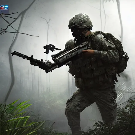 Image similar to Mercenary Special Forces soldier in light grey uniform with black armored vest and helmet launching an ambush attack in the jungles of Tanoa, combat photography by Feng Zhu, highly detailed, excellent composition, cinematic concept art, dramatic lighting, trending on ArtStation