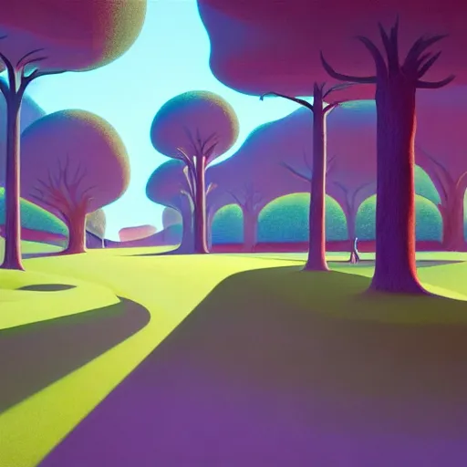 Prompt: pop-surrealist landscape painting, octane render, unreal engine, trees and pines everywhere, very nice pastel colors, lights and shadows, glowing hot sun, very coherent, Houdini algorithmic generative art, painted by Edward Hopper, Wayne Barlowe, painted by James Gilleard, airbrush, art by JamesJean