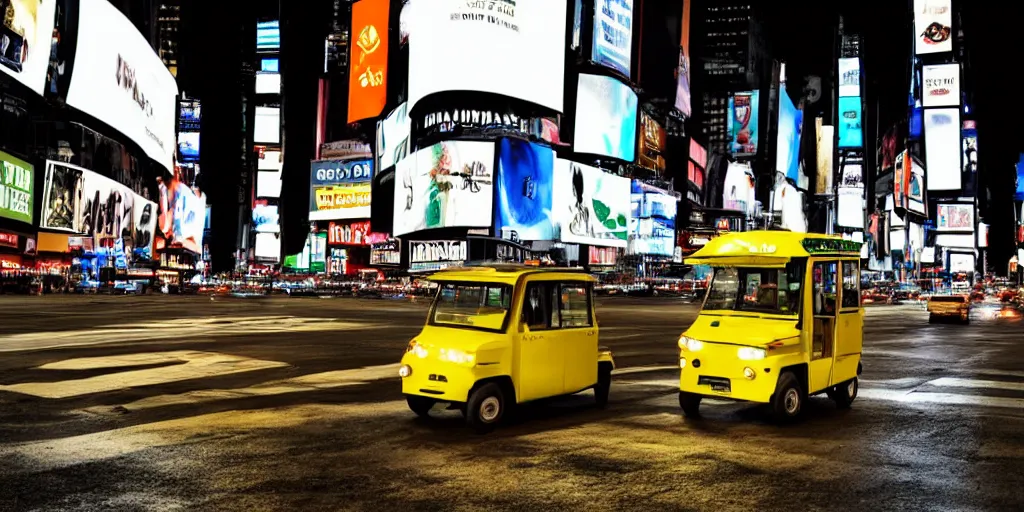 Image similar to a green tuk tuk in Times Square at night, moody, dramatic lighting, cinematic, matte painting, concept art, 4k