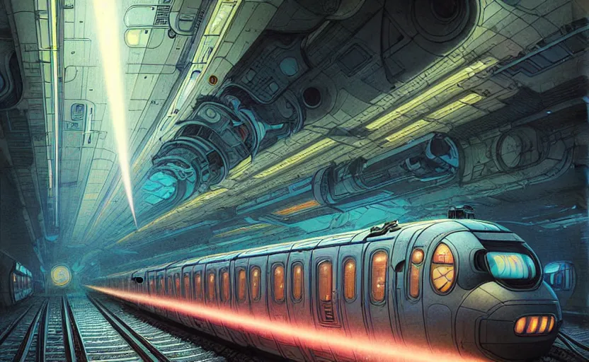 Image similar to urban train design only! 2 0 5 0 s retro future art 1 9 7 0 s science fiction borders lines decorations space machine, mech, robot. muted colors. by jean - baptiste monge, ralph mcquarrie, marc simonetti, 1 6 6 7. mandelbulb 3 d, fractal flame, jelly fish, coral, cinematic lightning