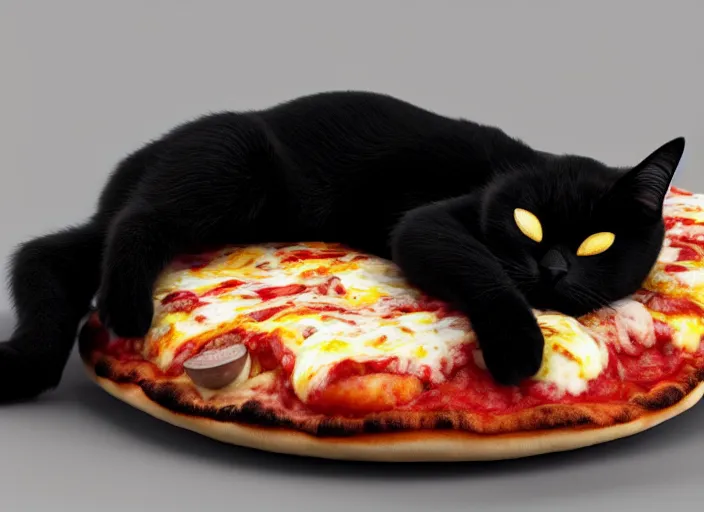 Image similar to A tiny black cat sleeping on a cozy pizza pillow. designed by Peter Andrew Jones and Pixar, photorealistic, 3d render, award winning render, unreal engine, octane render, studio lighting, 8k, hd, Dustin Nguyen, Akihiko Yoshida, Greg Tocchini, Greg Rutkowski, Cliff Chiang