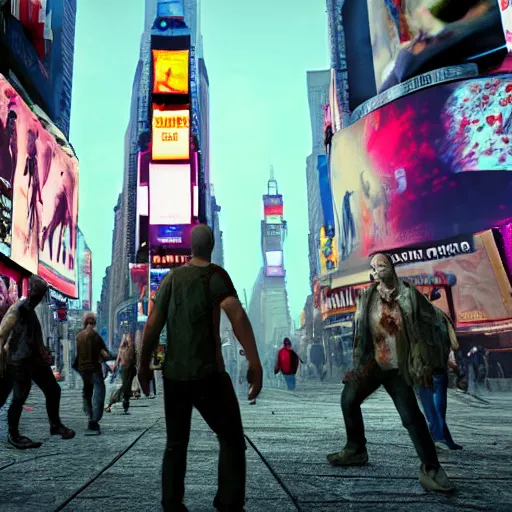 Image similar to Zombies walking in Times Square, realistic artstyle, wide shot, dramatic lighting, octane render, hyperrealistic, high quality, highly detailed, HD, beautiful, cinematic, 8k, unreal engine, facial accuracy, symmetrical