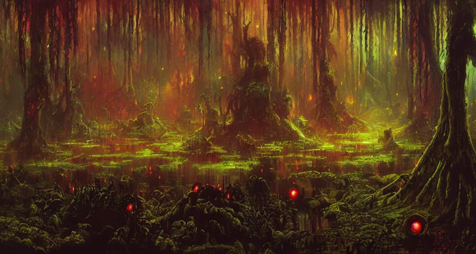 Prompt: A dense and dark enchanted forest with a swamp, by PAUL LEHR ,