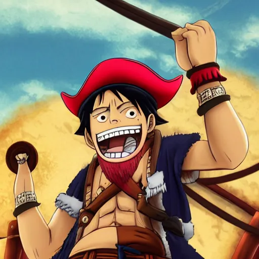 Prompt: A pirate, black beard, short hair with a red pirate hat on, laughing holding a treasure chest, inside the Treasure chest is The One Piece, style of Eiichiro Oda, Hyperrealism, 8k, high detail