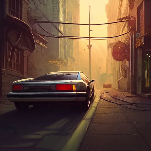 Prompt: detailed intricate digital illustration by greg rutkowski and artgerm and wlop and sanford robinson gifford ; 1 9 9 4 vehicle, 1 3 mm film, wide angle arri alfa anamorphic lens ; bright, vintage headlights and 1 9 9 0 s design ; sharp focus, soft evening lighting