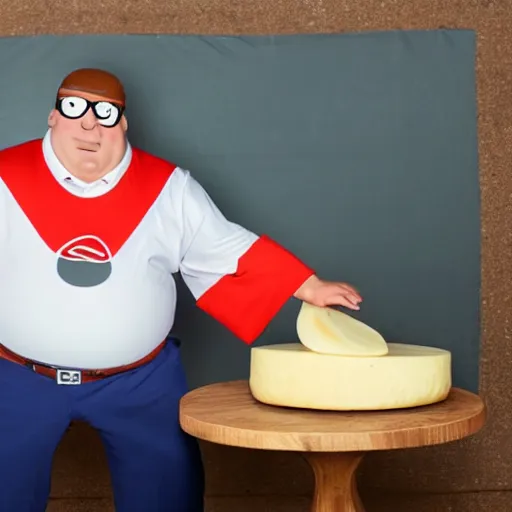 Image similar to peter griffin as a real person eating a large wheel of cheese, dslr, natural lighting, realistic,