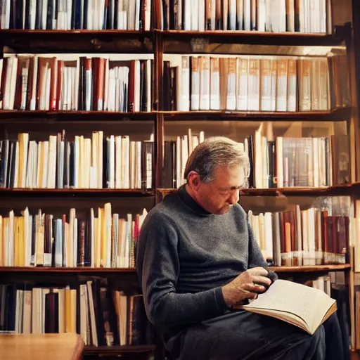 Prompt: a middle aged man in a dimly lit library, pondering over a book and a cup of coffee