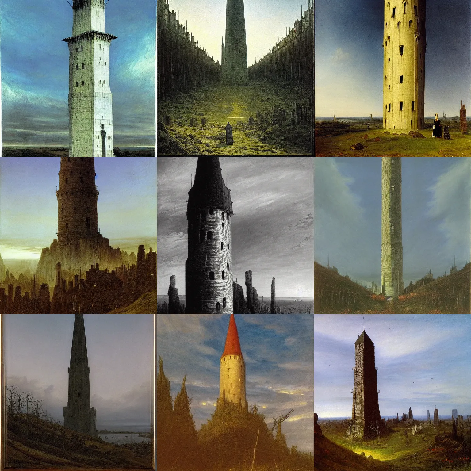 Prompt: The grand wizard tower by Caspar David Friedrich, wide angle