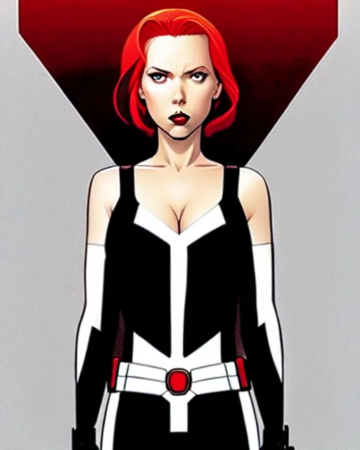 Image similar to phil noto comicbook cover art, black widow marvel, symmetrical eyes, long red hair, full body, city rooftop