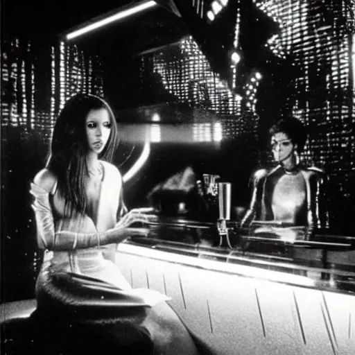 Image similar to 1 9 8 2 film stills of blade runner's rachel with beyonce, getting drinks at a futuristic bar. dark and atmospheric, touches of frank lloyd wright and syd mead,.