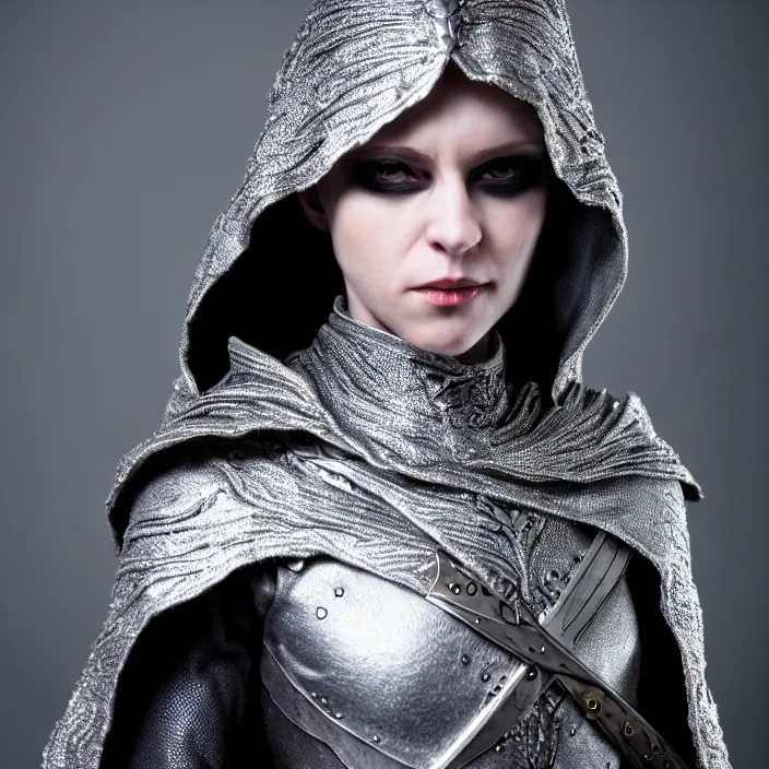 Prompt: photograph of a real-life beautiful rogue with intricate silver cloak. Extremely detailed. 8k