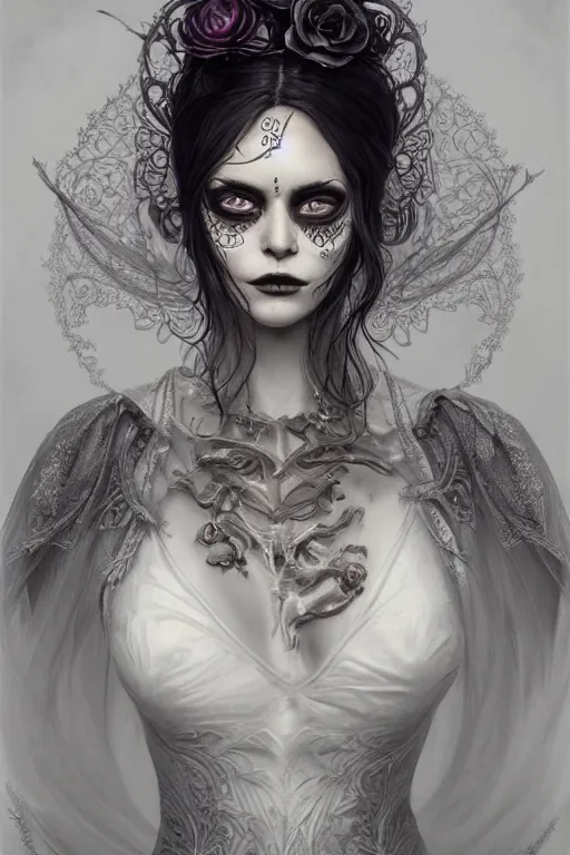 Image similar to ultra realist and ultra intricate detailed character concept art of a beautiful slim but curvy muerte girl in a long dress, thin lustrous hair, symmetry features, sensual gloomy style, soft painting, volumetric light and fog, fantasy background, artstation, Tom Bagshaw artstyle, unreal render