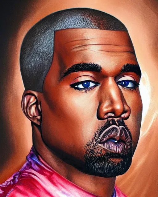 Prompt: kanye west dyed blonde hair 2 0 1 8, airbrush, drew struzan illustration art, key art, movie poster