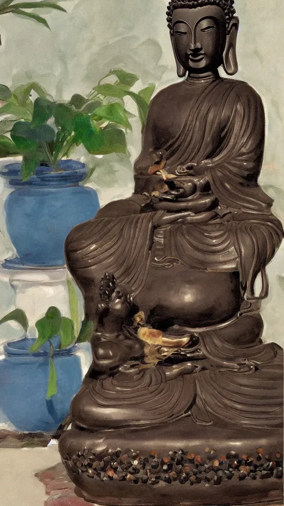 Image similar to a huge buddha rabbit god statue beside a persian pot by john singer sargent