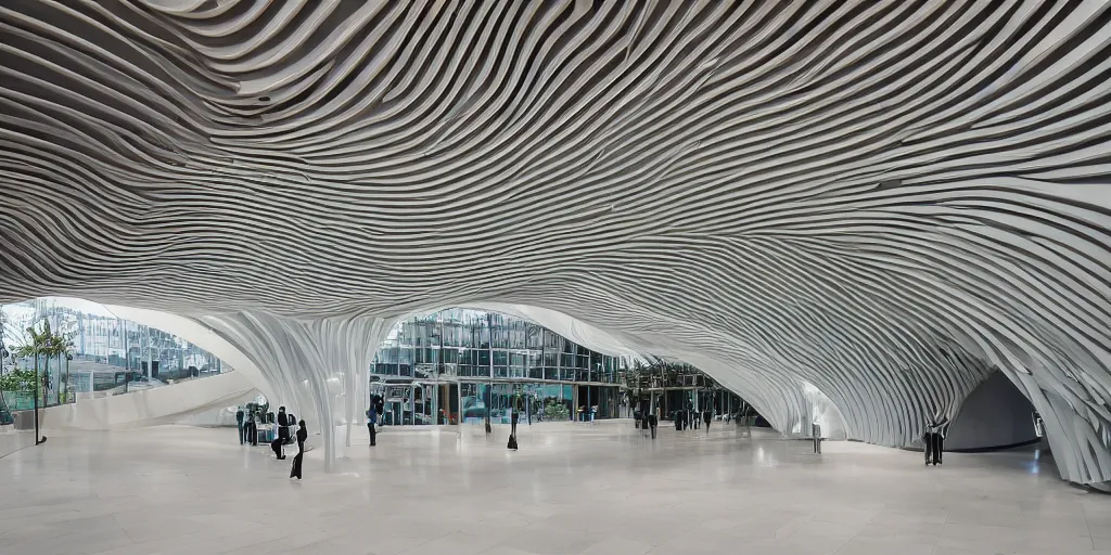 Prompt: extremely detailed stunning beautiful futuristic smooth curvilinear museum lobby interior, hyper real, smooth texture