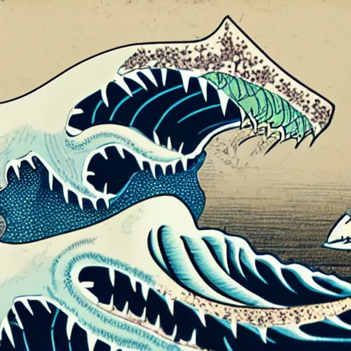 Image similar to shark attack by hokusai