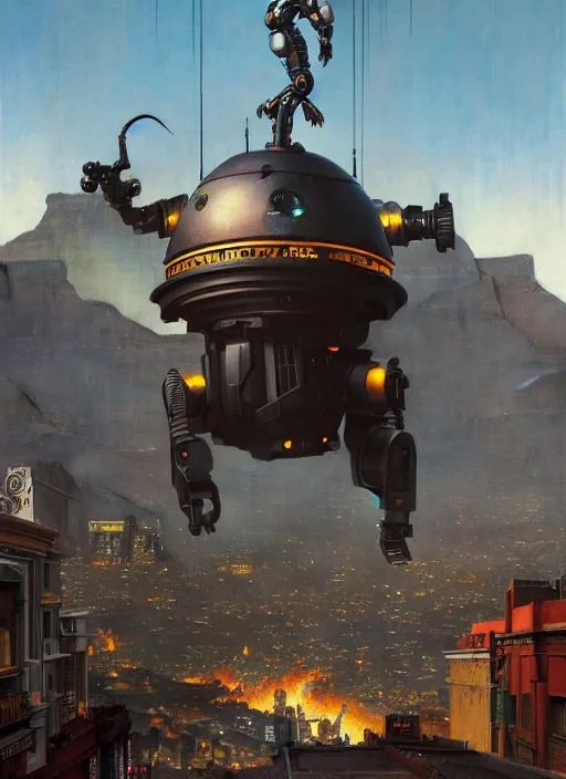 Image similar to hyper realistic robot attacking cape town city,. poster painted by light and magic by wizards of the coast norman rockwell, james gurney and greg rutkowski weta studio, and lucasfilm and best of artstation