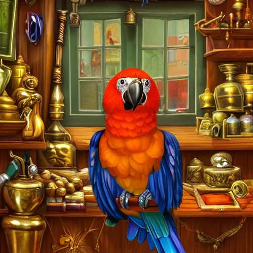 Prompt: Anthropomorphized parrot trader in his shop, selling his wares, portrait, items, gold, magic potions, carpet, window, sly expression , cunning expression, cute expression, long thick shiny gold beak, presenting wares, D&D, fantasy, cinematic lighting, highly detailed, digital painting, artstation, concept art, smooth, sharp focus, illustration, warm light, cozy warm tint, magic the gathering artwork, volumetric lighting, 8k, art by Akihiko Yoshida, Greg Rutkowski