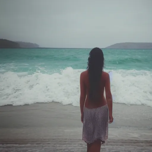 Image similar to woman with waving long hair, wading through ocean waves, back view, first person view