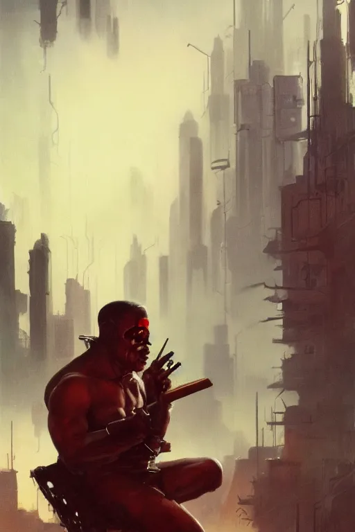 Prompt: An android smoking a cigar in a cyberpunk city, by Frank Frazetta, Trending on Artstation, highly detailed,