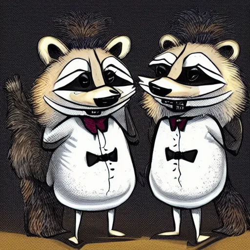 Prompt: two anthropomorphic raccoons arguing over the last chicken drumstick, raccoons wearing suits, fancy dinner, highly detailed, photorealistic