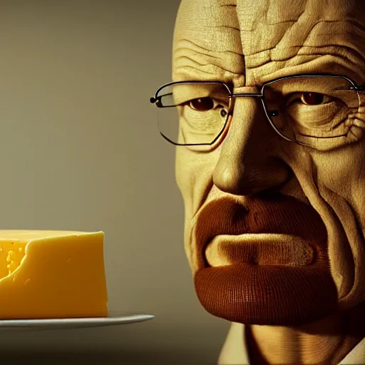 Prompt: walter white made out of cheese, cinematic photography, trending on artstation,