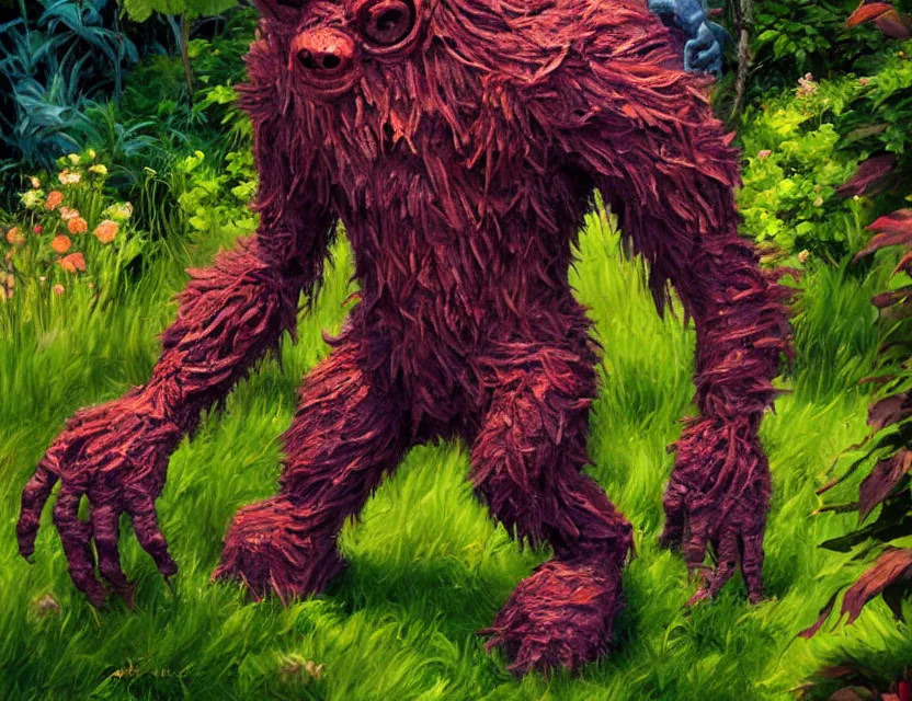 Prompt: quirky humanoid monster in the garden. oil painting by award - winning comic artist. backlighting, chiaroscuro, depth of field, luminescent colors.