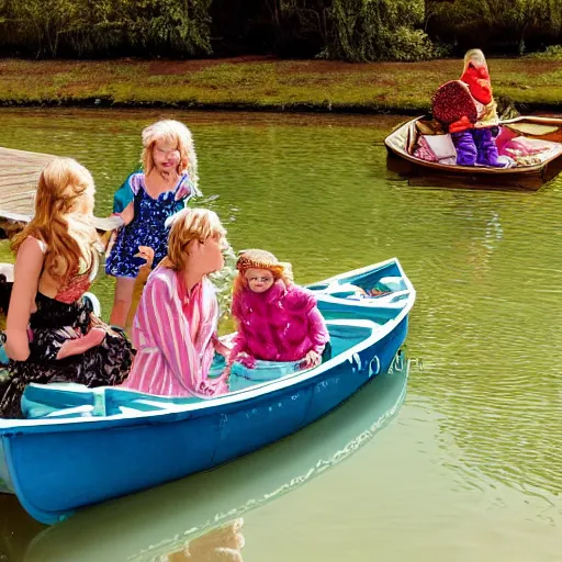 Prompt: lavish by keith parkinson. the experimental art of a group of well - dressed women & children enjoying a leisurely boat ride on a calm day. the women are chatting & laughing while the children play with a toy boat in the foreground.