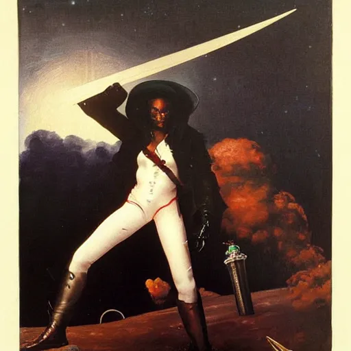 Prompt: Swashbuckling female pirate in space, grace jones, courbet