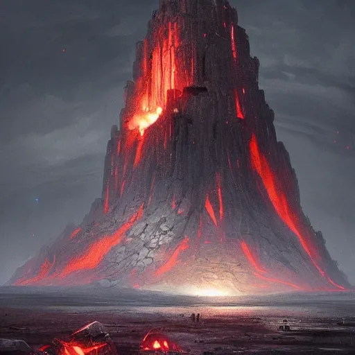 Image similar to star wars concept art by greg rutkowski, a palatial and imposing grey wide tower emerging from the lava in the middle of a lava rocky landscape, enigmatic atmosphere, beautiful and cinematic lighting, artstation hq.