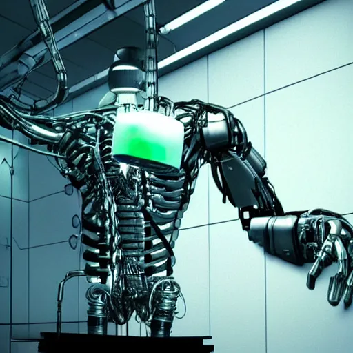 Image similar to photorealistic torso of a terminator with borg implants and a human face is hanging from cables and wires off the ceiling of an futuristic abandoned computer room and plugged into a quantum computer that's visible in the background. bottom half of the terminator's body is missing with cables sticking out. The Terminator is taking a sip from a cup of coffee. Tiny green led lights in the terminator's cybernetics. very detailed 8k. Cyberpunk horror style.