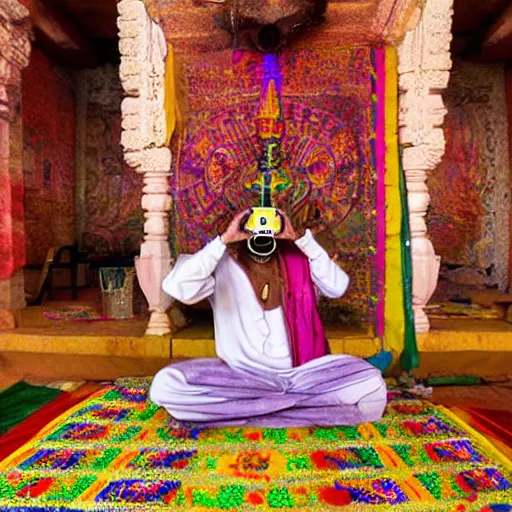 Image similar to An Indian Sadhu Saadhu wearing a cyberdelic psychedelic Oculus virtual reality headset sitting on a rug in a Dravidian temple, psionic powers