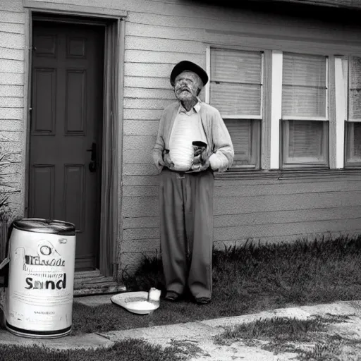 Prompt: realistic photograph of an old man showing up at his neighbor's house with a can of tuna