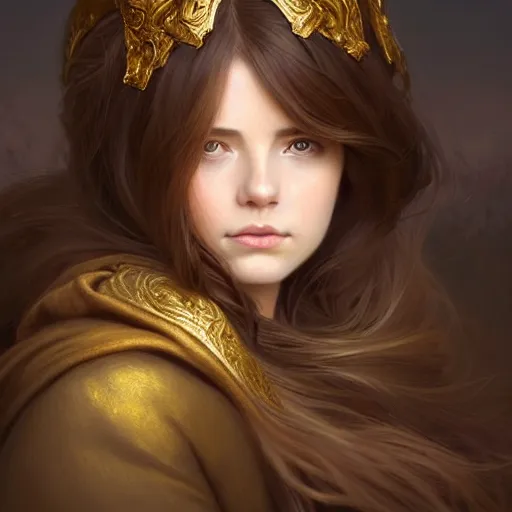 Prompt: brown haired mage medium portrait, gentle, female, city landscape, norway, d & d, fantasy, intricate, elegant, highly detailed, digital painting, brown and gold color palette, artstation, octane render, concept art, matte, sharp focus, illustration, herrarthstone, art by artgerm and greg rutkowski and alphonse mucha