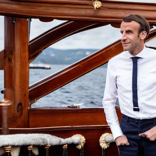 Image similar to Emmanuel Macron on a steamboat, dressed like 1912 ship captain, 50mm photography, high quality, 4K