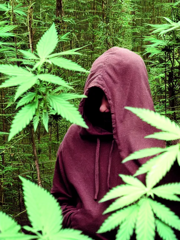 Prompt: hooded figure in cannabis forest, film photo, grainy, high detail, high resolution,