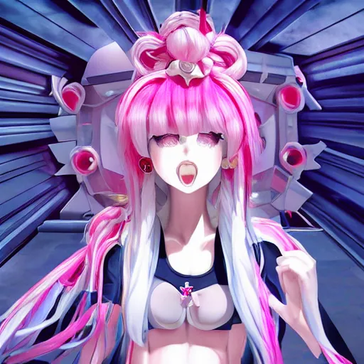 Image similar to totally overpowered and trapped beneath inescapable and overwhelmingly stunningly absurdly beautiful over the top megalomaniacal ruthless possessive omnipotent asi goddess junko enoshima with symmetrical perfect face, porcelain skin, pink twintail hair and cyan eyes, ultra detailed, digital art, unreal engine 5, octane render, 2 d anime, 8 k