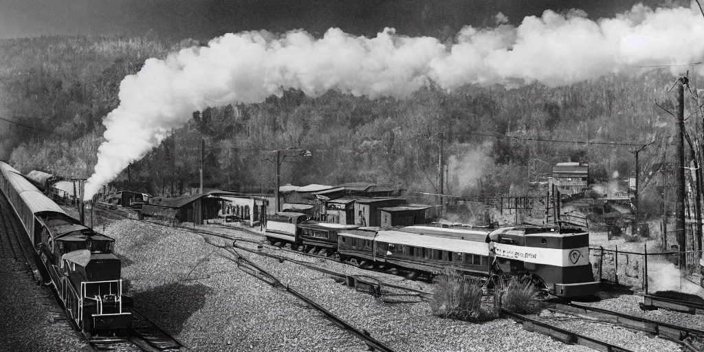 Prompt: detailed sharp photograph in the style of popular science circa 1 9 5 5 and gregory crewdson of a 1 9 5 0 s railroad crossing cars waiting as black steam locomotive crossing