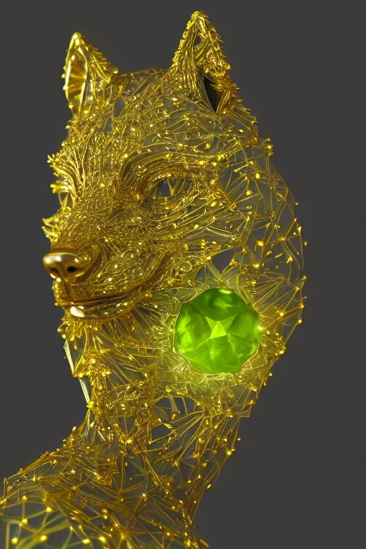 Image similar to portrait, gorgeous peridot gemstone, semi - transparent, wolf statue with gold filigree, inner glow, shiny, hd, octane render, 8 k