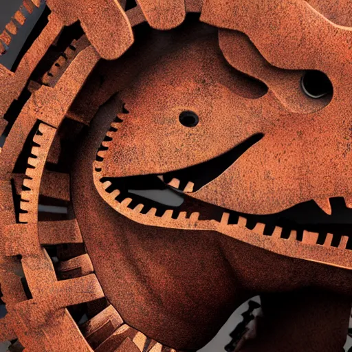 Image similar to a t-rex made out of rusty gears, octane render, 3D