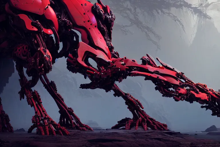 Image similar to a hyper detailed red fanghorn evangelion realistic mechanical and organic creature similar look as horizon forbidden west horizon zero dawn, bioluminiscence in a dark deep forest at dawn in spring, with reflection and textures, by kilian eng, substance painter reaslitic mech surface metal painted scratches,